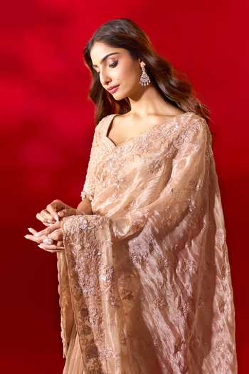 Azeera_Gold Tissue Embroidered Saree With Unstitched Blouse Piece _Online