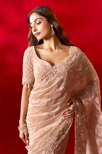 Buy_Azeera_Gold Tissue Embroidered Saree With Unstitched Blouse Piece _Online