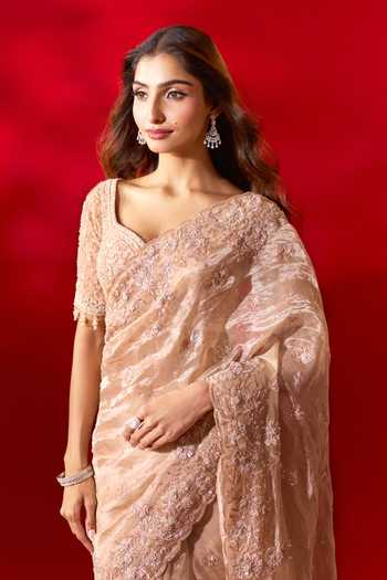 Azeera_Gold Tissue Embroidered Saree With Unstitched Blouse Piece 