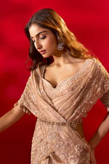 Shop_Azeera_Gold Tissue Embroidered Saree With Unstitched Blouse Piece _at_Aza_Fashions