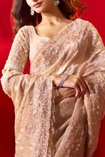 Azeera_Gold Tissue Embroidered Saree With Unstitched Blouse Piece 