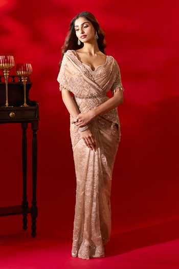 Azeera_Gold Tissue Embroidered Saree With Unstitched Blouse Piece 