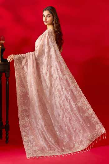 Azeera_Pink Tissue Embroidered Saree With Unstitched Blouse Piece _Online_at_Aza_Fashions