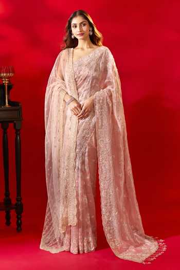 Azeera_Pink Tissue Embroidered Saree With Unstitched Blouse Piece _Online
