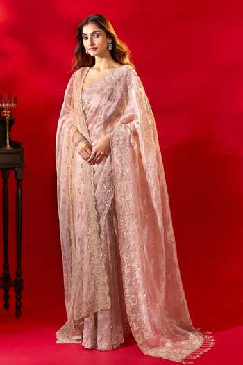 Buy_Azeera_Pink Tissue Embroidered Saree With Unstitched Blouse Piece _Online