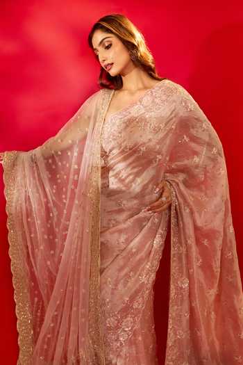Azeera_Pink Tissue Embroidered Saree With Unstitched Blouse Piece 