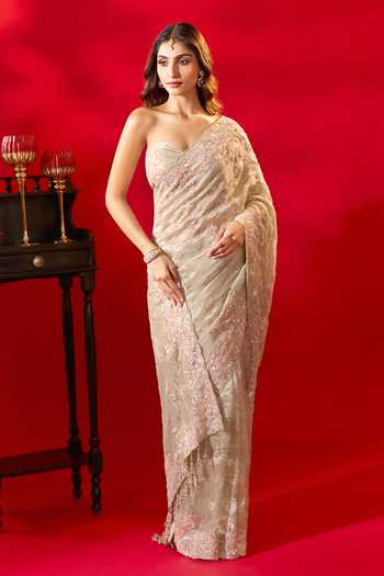 Buy_Azeera_Green Tissue Embroidered Saree With Unstitched Blouse Piece _at_Aza_Fashions