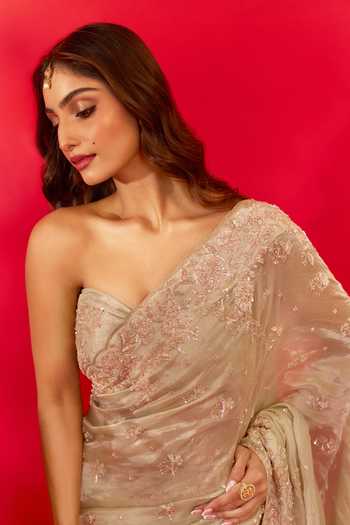 Shop_Azeera_Green Tissue Embroidered Saree With Unstitched Blouse Piece _Online_at_Aza_Fashions