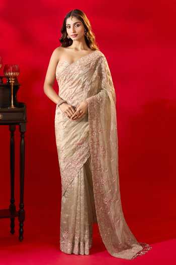 Azeera_Green Tissue Embroidered Saree With Unstitched Blouse Piece _Online_at_Aza_Fashions