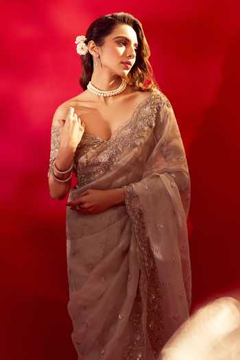 Buy_Azeera_Ivory Tissue French Rose Embroidered Saree And Unstitched Blouse Piece _Online_at_Aza_Fashions