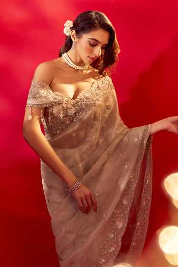 Buy_Azeera_Ivory Tissue French Rose Embroidered Saree And Unstitched Blouse Piece 