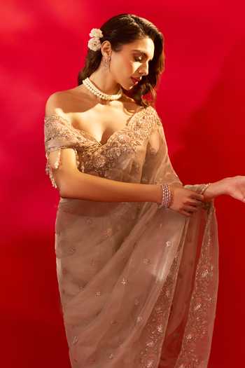 Shop_Azeera_Ivory Tissue French Rose Embroidered Saree And Unstitched Blouse Piece _at_Aza_Fashions