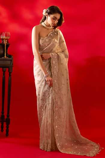 Azeera_Ivory Tissue French Rose Embroidered Saree And Unstitched Blouse Piece _Online