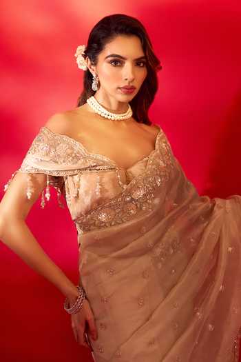 Shop_Azeera_Ivory Tissue French Rose Embroidered Saree And Unstitched Blouse Piece _Online