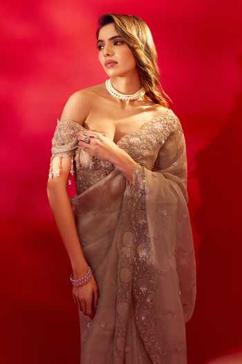 Azeera_Ivory Tissue French Rose Embroidered Saree And Unstitched Blouse Piece 