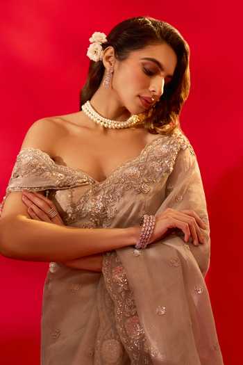 Azeera_Ivory Tissue French Rose Embroidered Saree And Unstitched Blouse Piece 