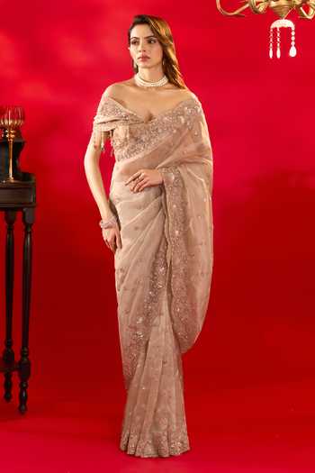Azeera_Ivory Tissue French Rose Embroidered Saree And Unstitched Blouse Piece 