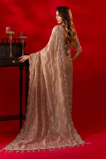 Azeera_Gold Tissue Rose Embroidered Saree With Unstitched Blouse Piece _Online_at_Aza_Fashions