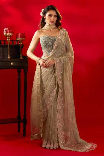 Azeera_Green Tissue French Rose Embroidered Saree With Unstitched Blouse Piece _Online