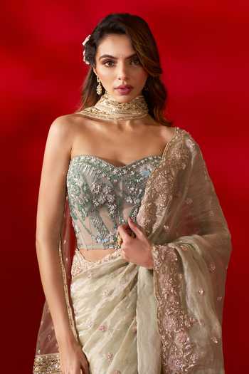 Buy_Azeera_Green Tissue French Rose Embroidered Saree With Unstitched Blouse Piece _Online