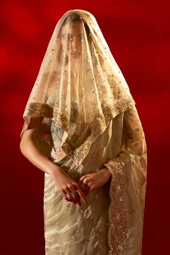 Shop_Azeera_Green Tissue French Rose Embroidered Saree With Unstitched Blouse Piece _at_Aza_Fashions