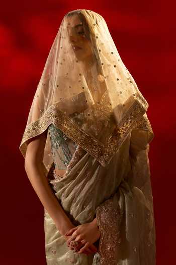 Azeera_Green Tissue French Rose Embroidered Saree With Unstitched Blouse Piece 