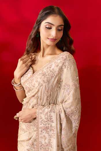 Azeera_Gold Tissue Surbhi Embroidered Saree With Unstitched Blouse Piece _at_Aza_Fashions