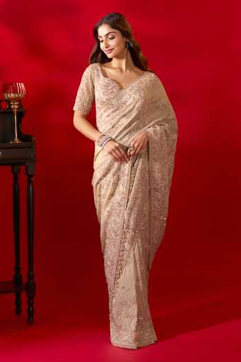 Buy_Azeera_Gold Tissue Surbhi Embroidered Saree With Unstitched Blouse Piece _Online