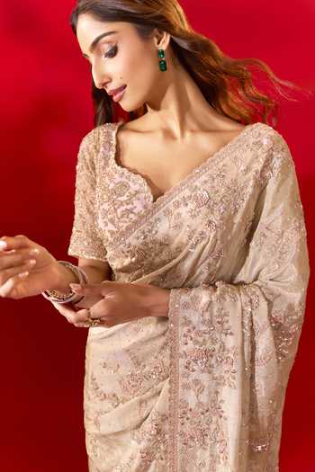 Shop_Azeera_Gold Tissue Surbhi Embroidered Saree With Unstitched Blouse Piece _at_Aza_Fashions