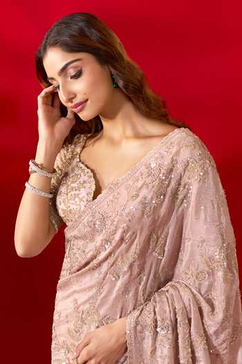 Shop_Azeera_Pink Tissue Floral Embroidered Saree With Unstitched Blouse Piece _at_Aza_Fashions