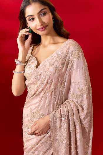 Azeera_Pink Tissue Floral Embroidered Saree With Unstitched Blouse Piece _Online