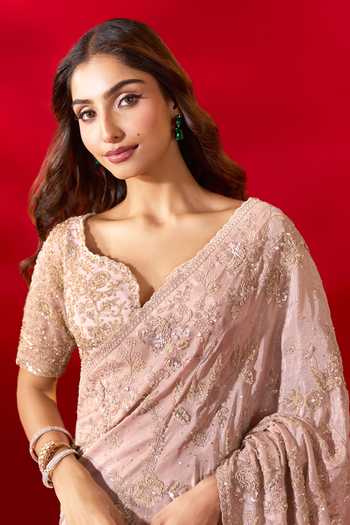 Azeera_Pink Tissue Floral Embroidered Saree With Unstitched Blouse Piece 