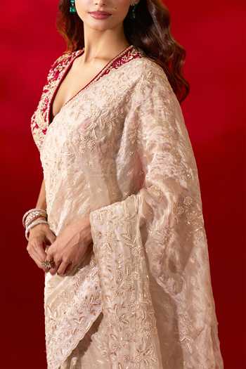Buy_Azeera_Ivory Tissue Zaveria Embroidered Saree With Unstitched Blouse Piece 