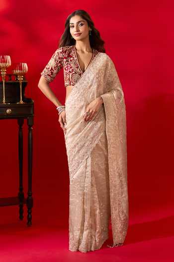Azeera_Ivory Tissue Zaveria Embroidered Saree With Unstitched Blouse Piece _Online