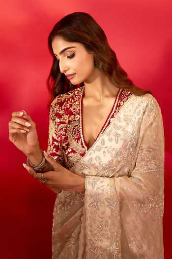 Shop_Azeera_Ivory Tissue Zaveria Embroidered Saree With Unstitched Blouse Piece _Online