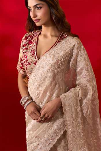 Shop_Azeera_Ivory Tissue Zaveria Embroidered Saree With Unstitched Blouse Piece _at_Aza_Fashions
