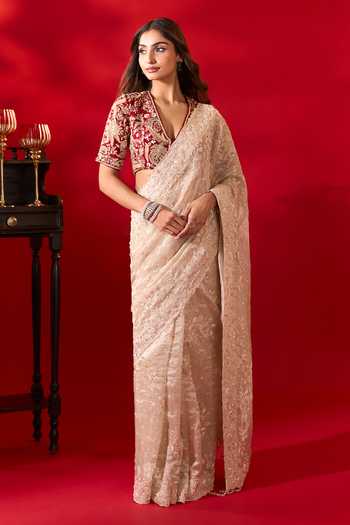 Azeera_Ivory Tissue Zaveria Embroidered Saree With Unstitched Blouse Piece 