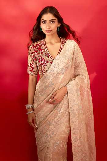 Azeera_Ivory Tissue Zaveria Embroidered Saree With Unstitched Blouse Piece 
