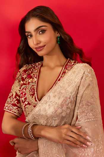 Azeera_Ivory Tissue Zaveria Embroidered Saree With Unstitched Blouse Piece 