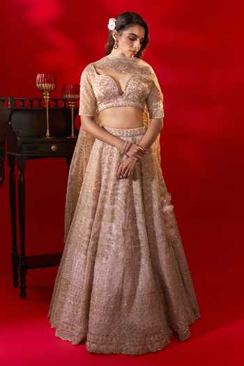Shop_Azeera_Pink Net Sweetheart Neck Radiant Embroidered Lehenga Set _at_Aza_Fashions