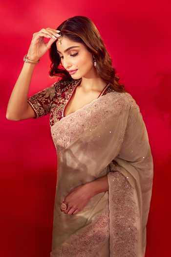 Azeera_Gold Tissue Yashvi Bordered Saree With Unstitched Blouse Piece _Online
