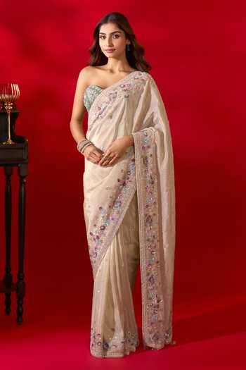 Azeera_Gold Tissue Embroidery, Sequins Sweetheart Neck Floral Border Saree And Corset _Online
