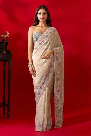 Azeera_Gold Tissue Embroidery, Sequins Sweetheart Neck Floral Border Saree And Corset 