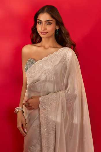 Azeera_Gold Tissue Pastel Embroidered Saree With Unstitched Blouse Piece _at_Aza_Fashions
