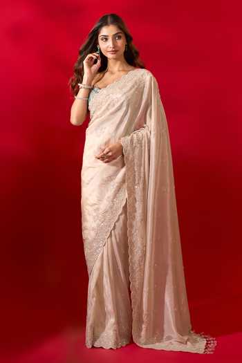Azeera_Gold Tissue Pastel Embroidered Saree With Unstitched Blouse Piece 