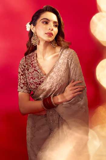 Shop_Azeera_Ivory Tissue Inayat Embroidered Saree With Unstitched Blouse Piece _at_Aza_Fashions