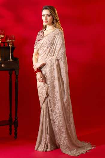 Azeera_Ivory Tissue Inayat Embroidered Saree With Unstitched Blouse Piece 