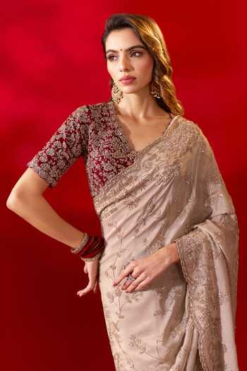 Azeera_Ivory Tissue Inayat Embroidered Saree With Unstitched Blouse Piece 