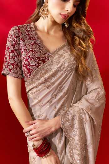 Azeera_Ivory Tissue Inayat Embroidered Saree With Unstitched Blouse Piece 