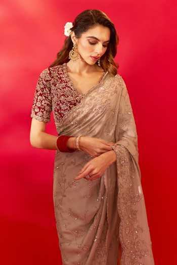 Azeera_Ivory Tissue Inayat Embroidered Saree With Unstitched Blouse Piece 
